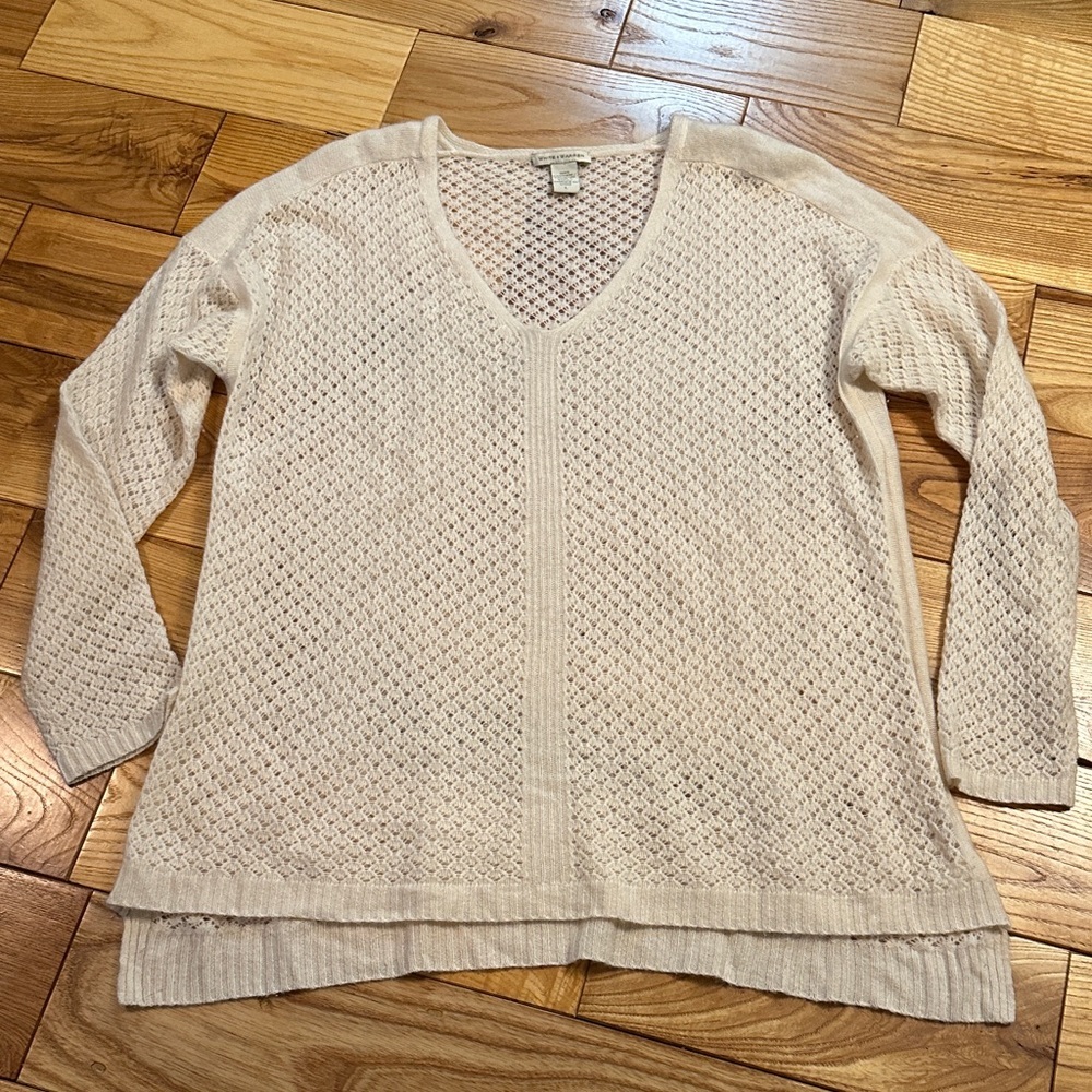 White + Warren Cashmere Cream V-Neck Sweater, Loose Knit, Large